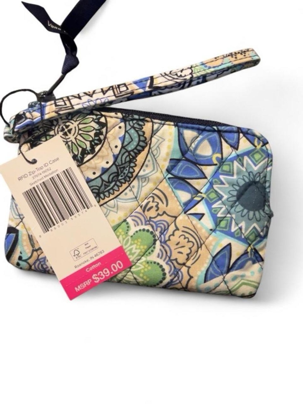 Vera Bradley Blue Multi Quilted Zip Wristlet with Floral Medallions